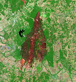A false color image reveals the extent of the damage caused by the fire, with remaining vegetation in green and burned areas in red. Photo: USGS Landsat/Flickr