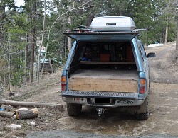 Here's the shelving I built into the bed of my truck. You can see how I store my tools there.