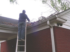 On the ladder, fixing the roof On the ladder, fixing the roof
