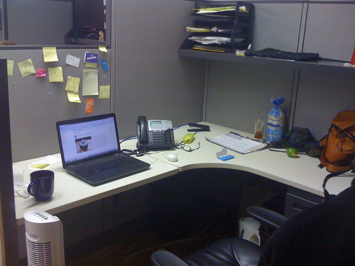 This was my cubicle before the Feng Shui tips from Ann Bingley Gallops. It was kind of a disaster. --Chaya