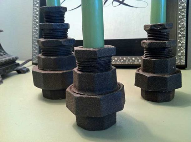 Pipe fitting candle holders by MingledElements.com via Hometalk.com. Pipe fitting candle holders by MingledElements.com via Hometalk.com.