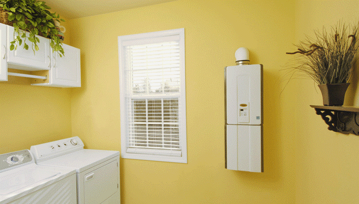 Laundry room tankless water heater/courtesy of Lowe's