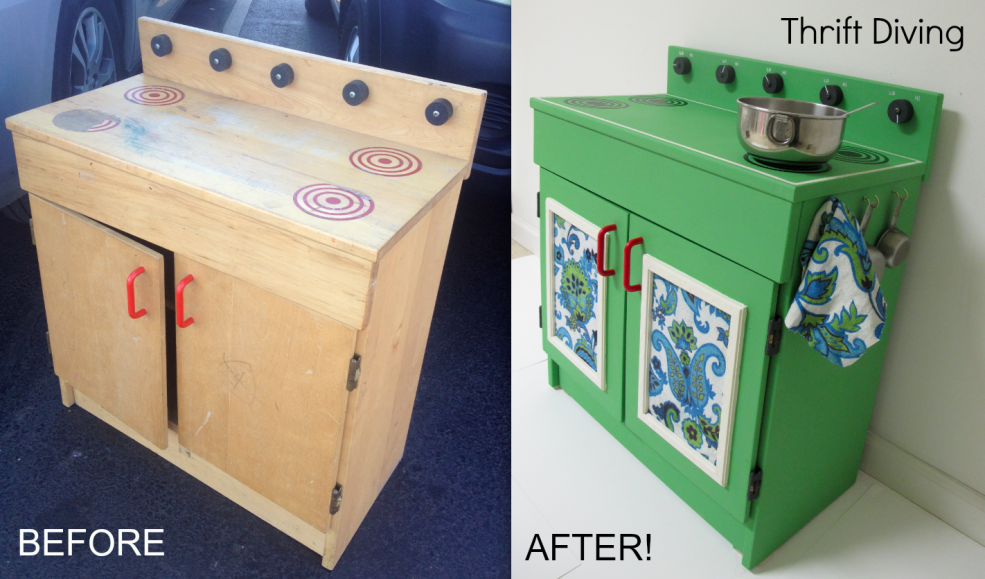 Photo of thrifted play kitchen by Thrift Diving via Hometalk.com. Photo of thrifted play kitchen by Thrift Diving via Hometalk.com.