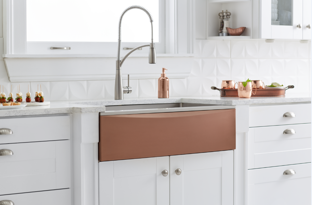 Interchangeable apron farmhouse sink in Sunset/Courtesy of Elkay Interchangeable apron farmhouse sink in Sunset/Courtesy of Elkay